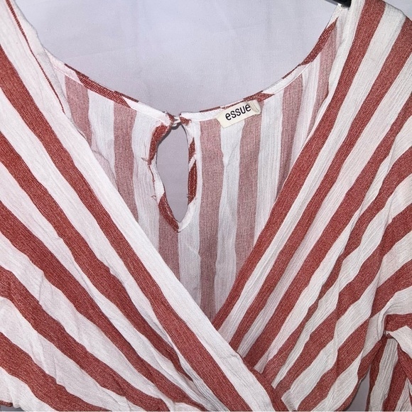 Essue Romper Wrap Front Stripes Quarter Flare Sleeves Tie Belted Waist Keyhole - Picture 5 of 13